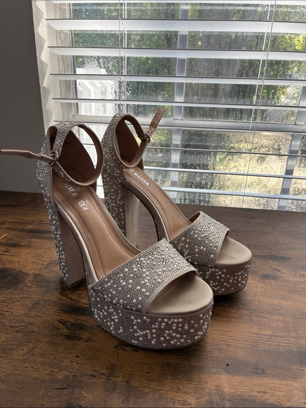 Steve Madden Taupe Pearl-Embellished Platform Heel Sandals